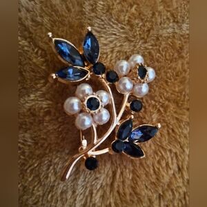 Gold Floral Brooch with Blue Crystals and Pearls - Women Jewelry